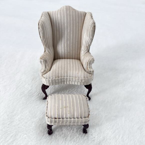 Vintage Bespaq Dollhouse Miniature Victorian Wing Chair & Foot Rest 1:12